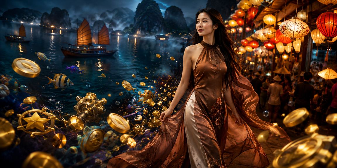 Người phụ nữ mặc áo dài tại Vịnh Hạ Long sử dụng điện thoại chơi casino trực tuyến
