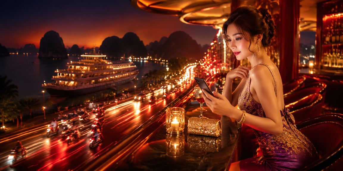Cảnh đêm neon tại Hạ Long Bay với màn hình trò chơi casino trực tuyến